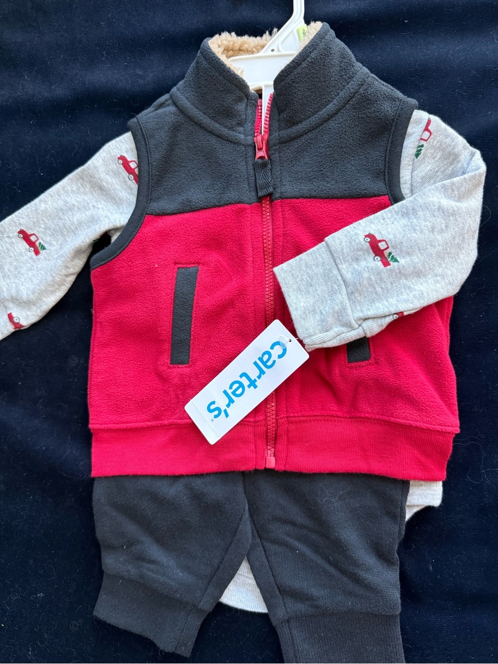 Carter's Red and Charcoal Fleece Vest Set with Grey Truck-Print Sleeves